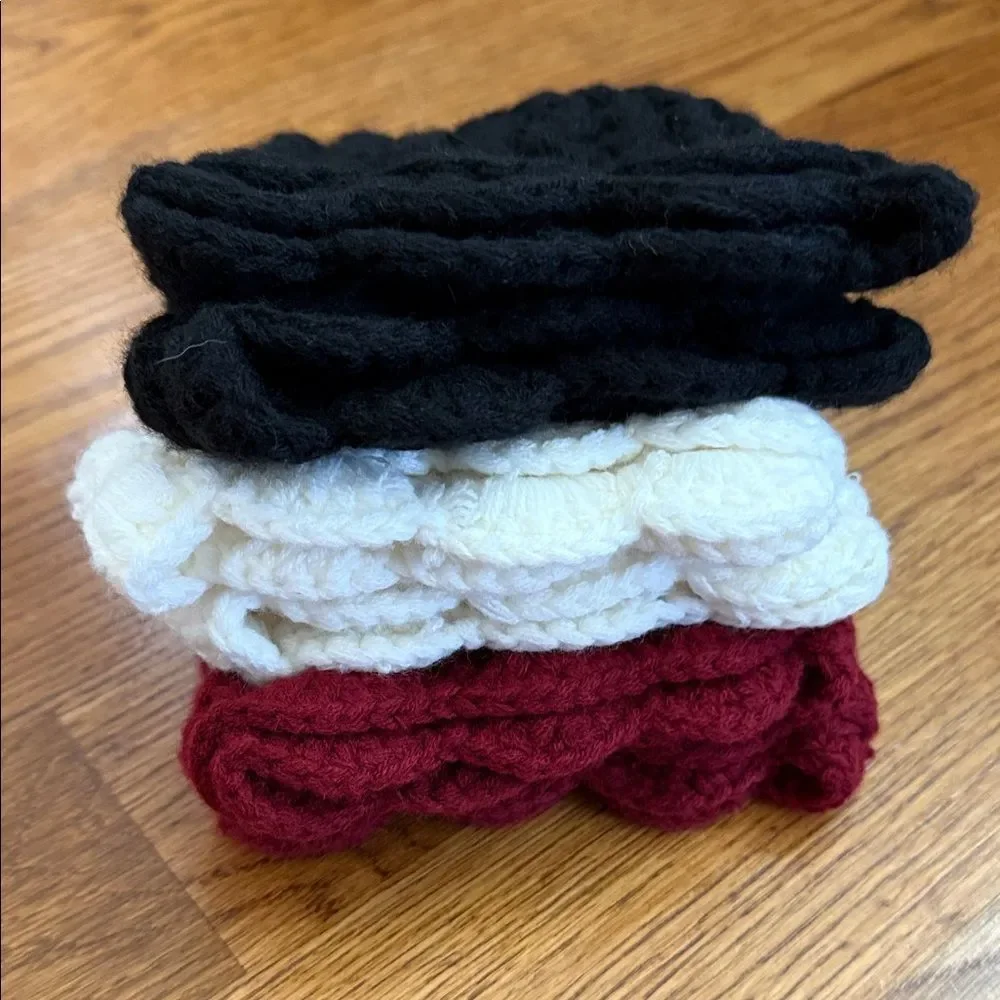 Handmade Crochet Boot Cuffs – Set of 3 Pairs, Scallop Edge, Black Ivory Burgundy